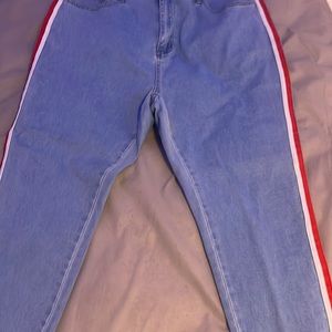 Pretty much new shein jeans with a red and white stripe down the side of the leg